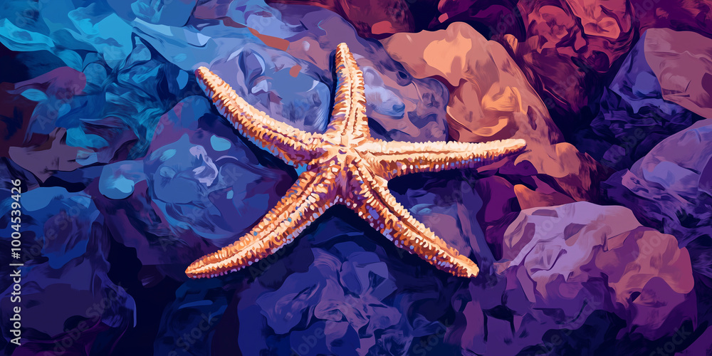 A starfish lies motionless on a rocky surface, five arms evenly spread out, animal illustration A starfish lies motionless on a rocky surface, five arms evenly spread out, animal illustration