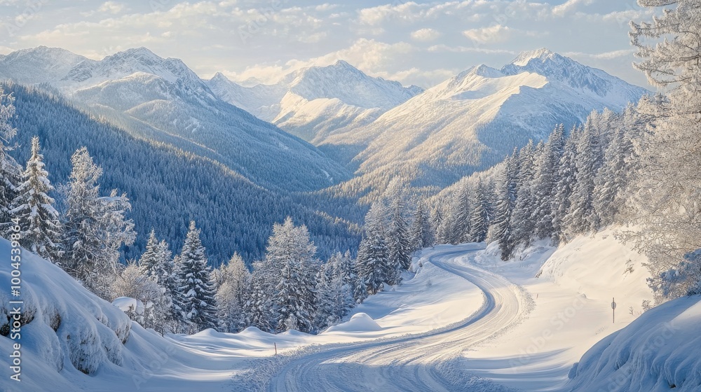 Snow-covered mountain road winding through a serene winter landscape at dawn with soft sunlight illuminating the snow-covered peaks Snow-covered mountain road winding through a serene winter landscape at dawn with soft sunlight illuminating the snow-covered peaks