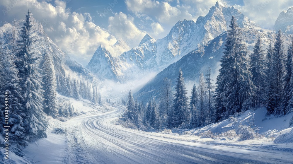 A winding snow-covered road leading through majestic mountains in winter with cloudy skies and evergreen trees in the background A winding snow-covered road leading through majestic mountains in winter with cloudy skies and evergreen trees in the background