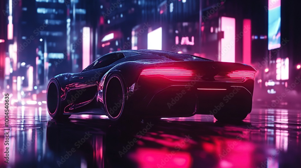 Futuristic car in neon cityscape at night. Futuristic car in neon cityscape at night.