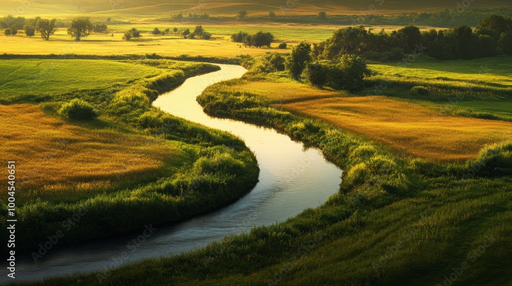 Obraz premium A winding river flows through lush green fields under a warm sunset sky in a serene countryside landscape