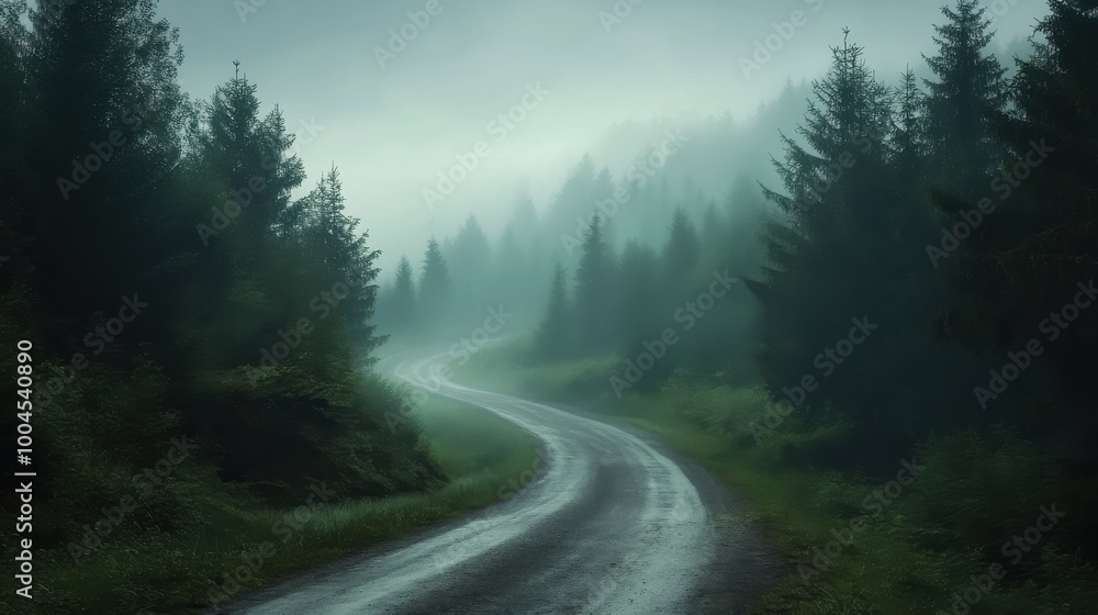 A tranquil winding road through a foggy forest on a misty morning in nature's serene landscape A tranquil winding road through a foggy forest on a misty morning in nature's serene landscape