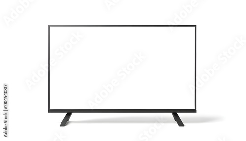 A modern flat-screen television mockup with a sleek black frame and stand, placed on a plain white background