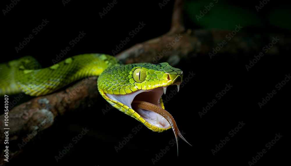 magnificent poisonous green snake with its open, treacherous mouth hanging from a branch in the dark magnificent poisonous green snake with its open, treacherous mouth hanging from a branch in the dark