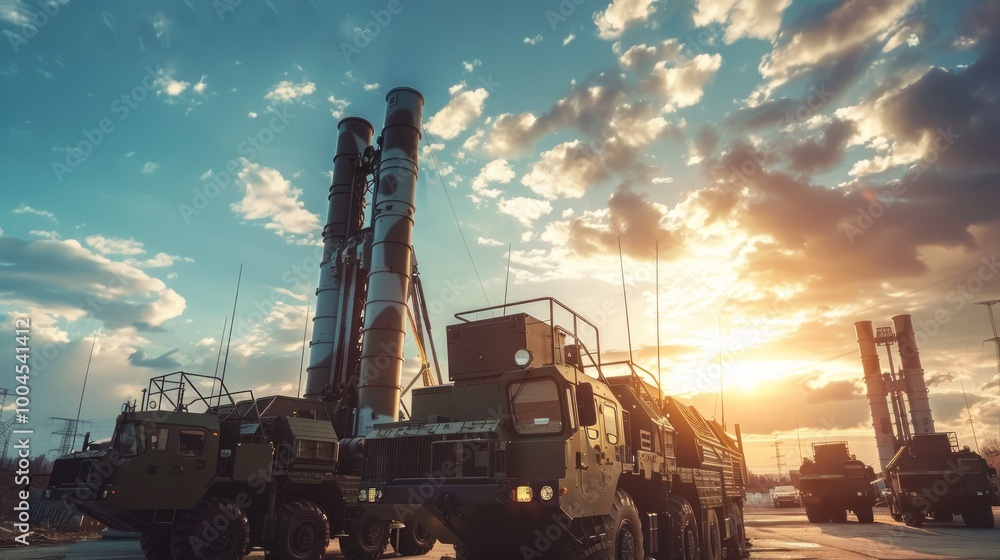 Air defense radars of military mobile anti aircraft systems and modern Russian anti aircraft missiles on background sky,Russia, Air defense radars of military mobile anti aircraft systems and modern Russian anti aircraft missiles on background sky,Russia,