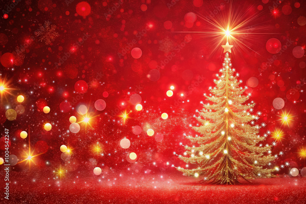 A golden Christmas tree with shimmering lights and ornaments shines against a vivid red backdrop, creating a festive vibe A golden Christmas tree with shimmering lights and ornaments shines against a vivid red backdrop, creating a festive vibe