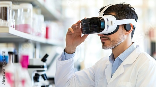 A scientist wearing a VR headset in a lab, exploring virtual reality technology.