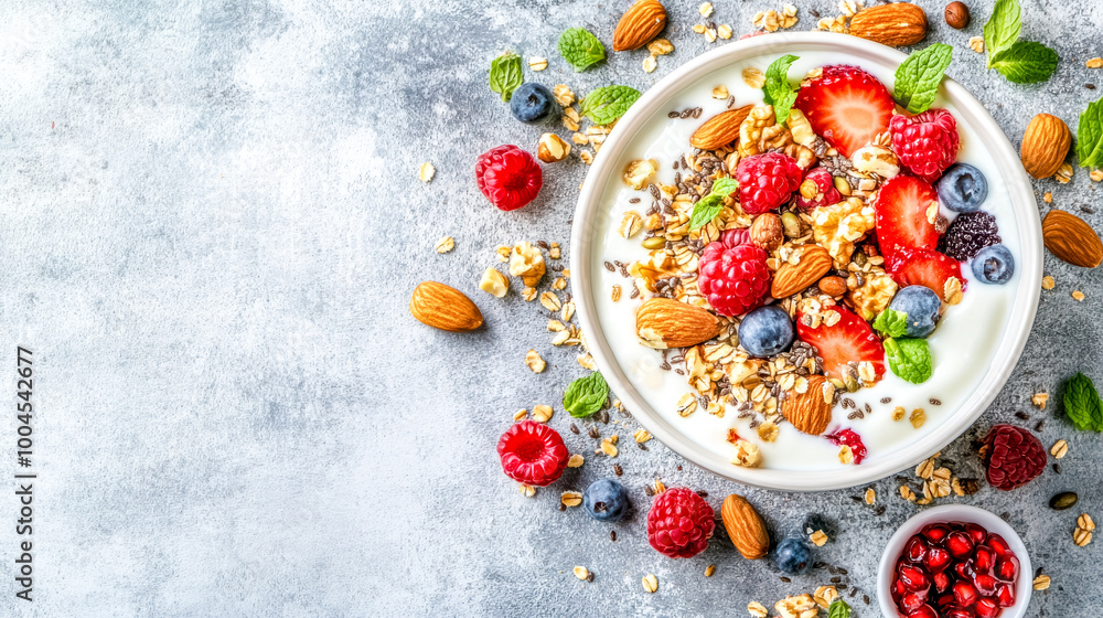 Bowl of yogurt topped with fresh fruit and granola on a textured background
