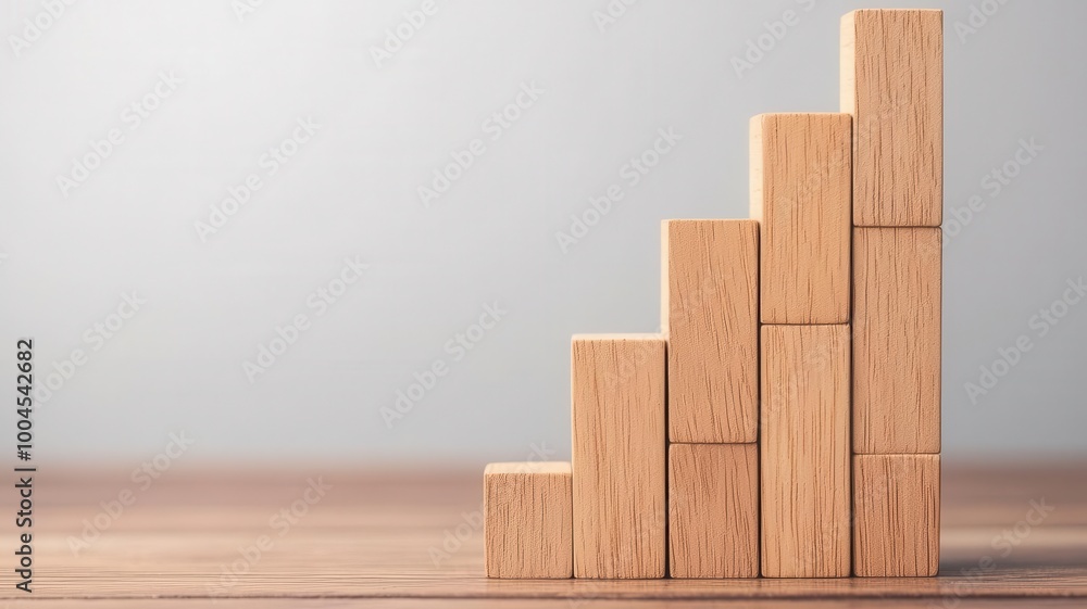 A stack of wooden blocks arranged in increasing height, symbolizing growth or progress. A stack of wooden blocks arranged in increasing height, symbolizing growth or progress.