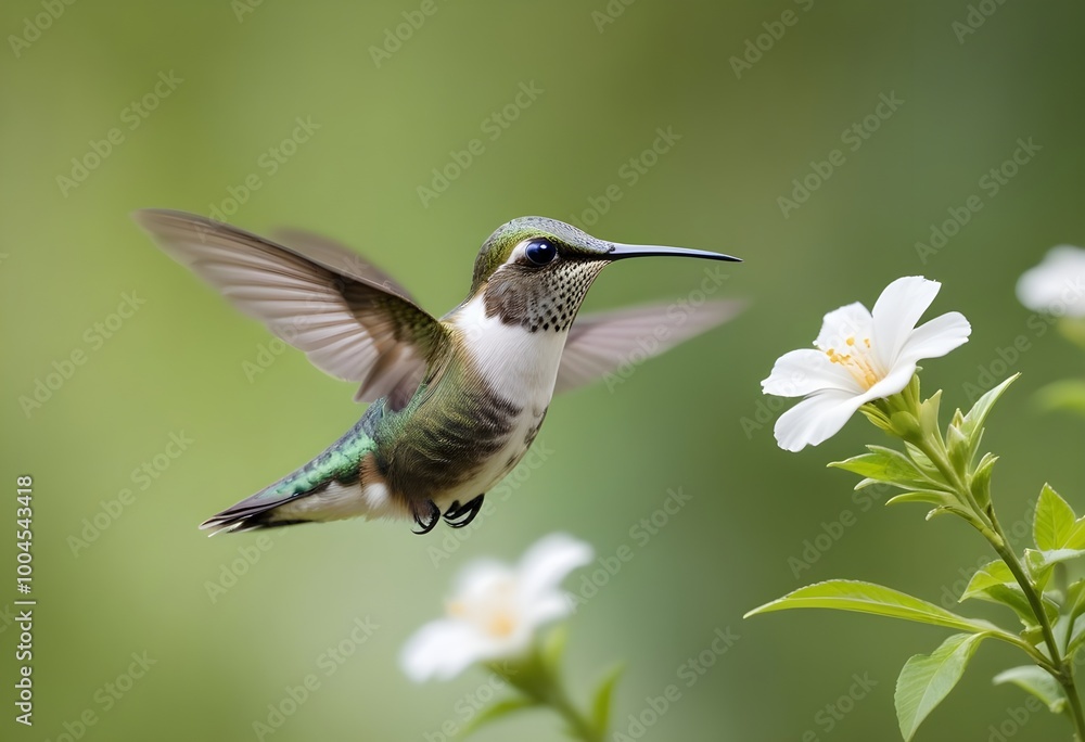 Naklejka premium A hummingbird pollinating a white flower against a blurred green background