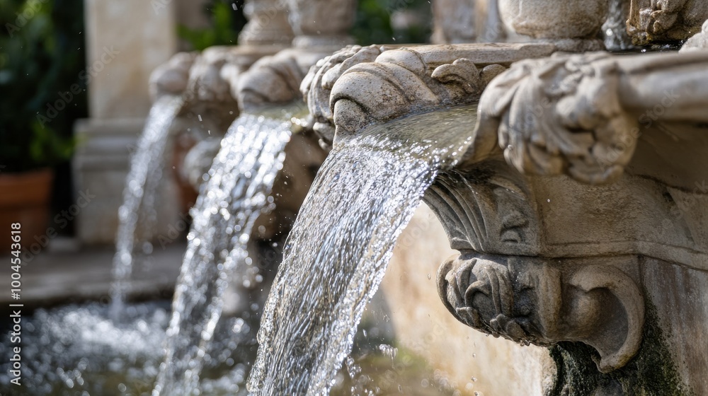 A close view of a classic outdoor fountain with water flowing over ornate stone carvings in a serene garden during daylight A close view of a classic outdoor fountain with water flowing over ornate stone carvings in a serene garden during daylight