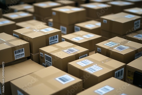 Stacks of cardboard boxes with sale stickers in a warehouse environment, emphasizing popular Black Friday items