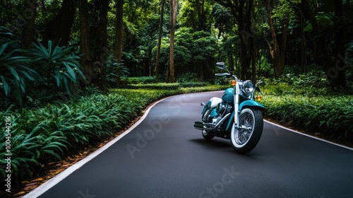 A beautifully styled motorcycle with mint green paint and white leather seats is parked elegantly on a sunny country road, framed by lush trees and bright foliage photo