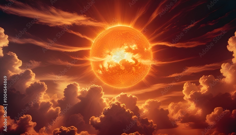 A massive, glowing orange sun in the sky surrounded by swirling clouds and a dramatic, fiery atmosphere A massive, glowing orange sun in the sky surrounded by swirling clouds and a dramatic, fiery atmosphere