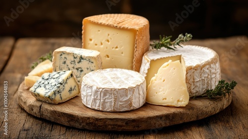 A rustic cheese platter featuring various types of cheese on a wooden board with herbs in a cozy setting