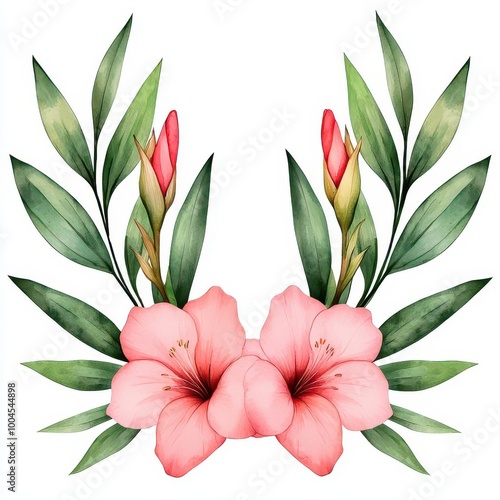 Beautiful floral composition featuring pink flowers and green leaves, perfect for backgrounds and decorations.