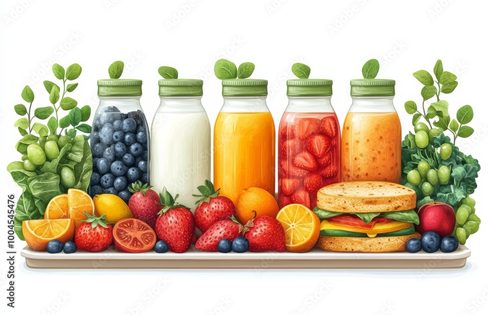 an open school lunch tray featuring colorful fruits, vegetables, half sandwiches, and milk, designed against a pristine white background. an open school lunch tray featuring colorful fruits, vegetables, half sandwiches, and milk, designed against a pristine white background.