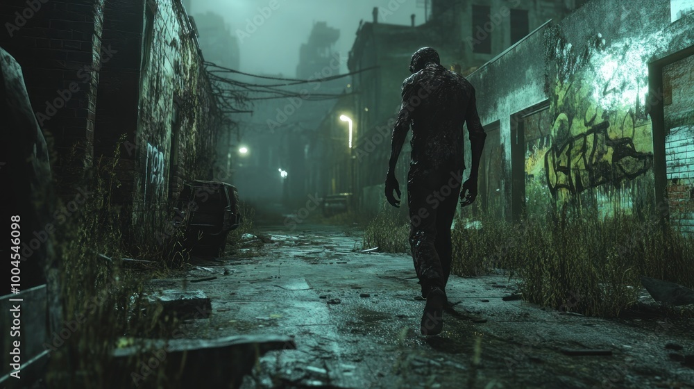Decaying zombie walking through an abandoned city street at dusk, with an eerie and foreboding atmosphere. Decaying zombie walking through an abandoned city street at dusk, with an eerie and foreboding atmosphere.