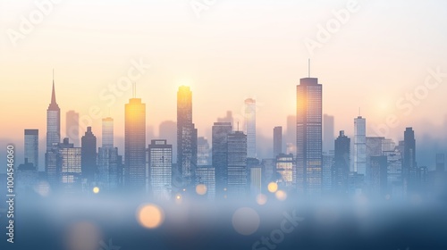 Futuristic city skyline with glowing lights and blurred outlines of modern skyscrapers against a subtle gradient background