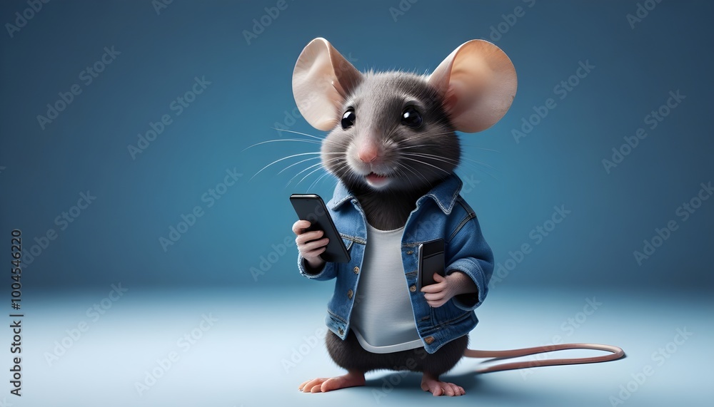 A mouse wearing a suit and holding a smartphone, against a blue background A mouse wearing a suit and holding a smartphone, against a blue background