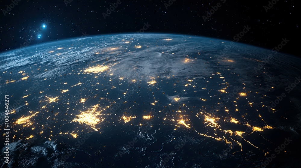 Obraz premium A stunning view of Earth at night, showing the twinkling lights of cities and the vast expanse of space.