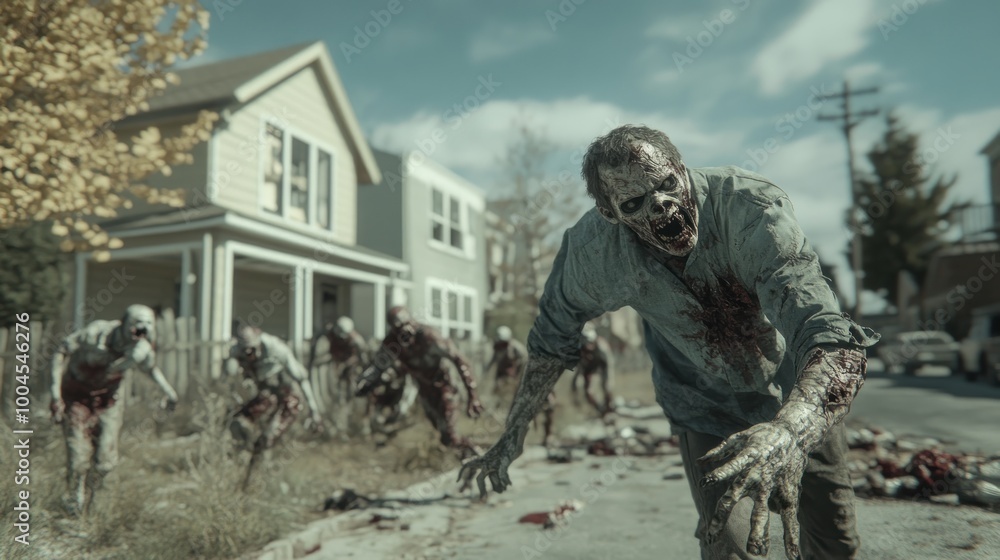 Zombie horde attacking a fortified safehouse in a ruined suburban neighborhood, creating a chaotic and intense atmosphere. Zombie horde attacking a fortified safehouse in a ruined suburban neighborhood, creating a chaotic and intense atmosphere.