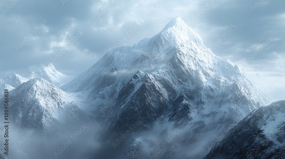 Majestic snowy mountain landscape with clouds. Majestic snowy mountain landscape with clouds.
