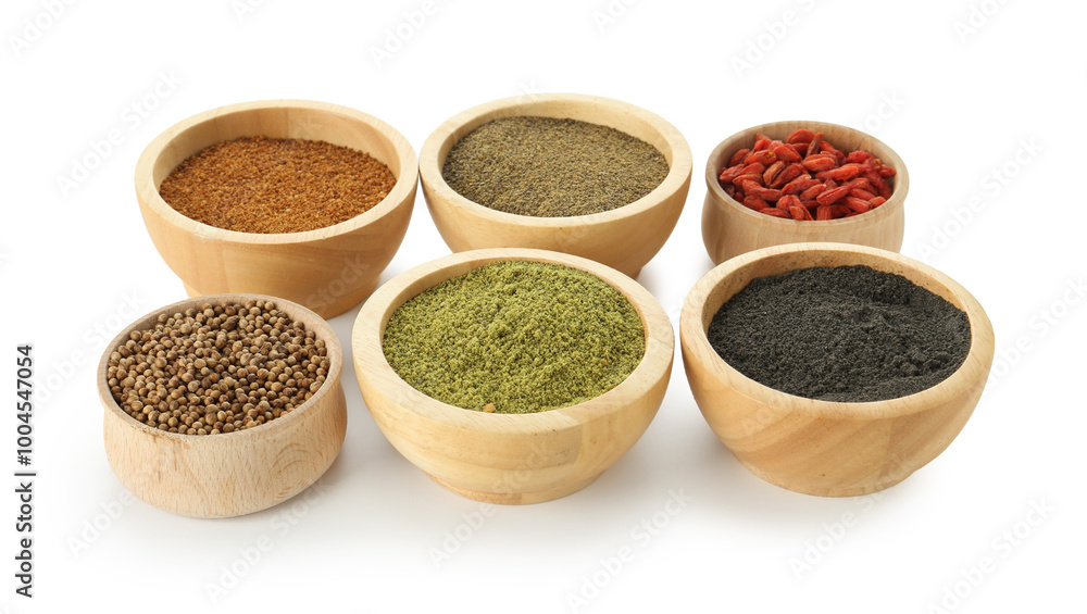Different superfood powders in bowls isolated on white Different superfood powders in bowls isolated on white