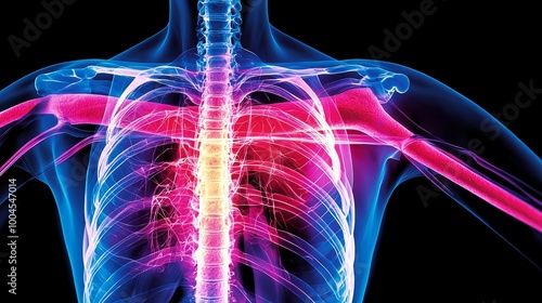 A detailed view of a radiographic arteriogram of the chest, showing contrast dye illuminating the flow through the subclavian and axillary arteries. photo