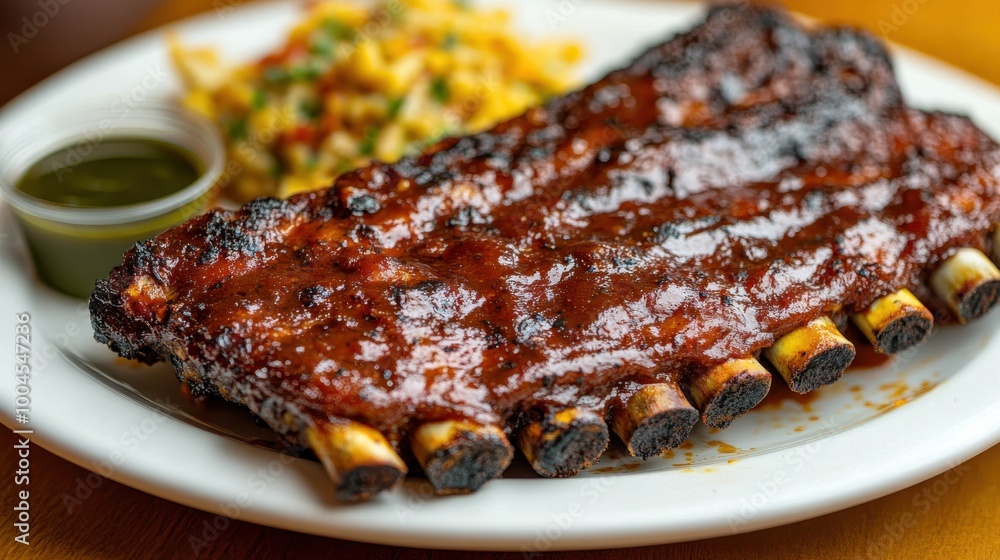 Delicious barbecue ribs served with a side of coleslaw and tangy sauce at a lively restaurant in the evening Delicious barbecue ribs served with a side of coleslaw and tangy sauce at a lively restaurant in the evening