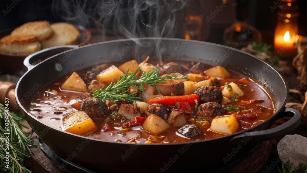 Winter stew in a rustic kitchen with seasonal vegetables. Winter stew in a rustic kitchen with seasonal vegetables.