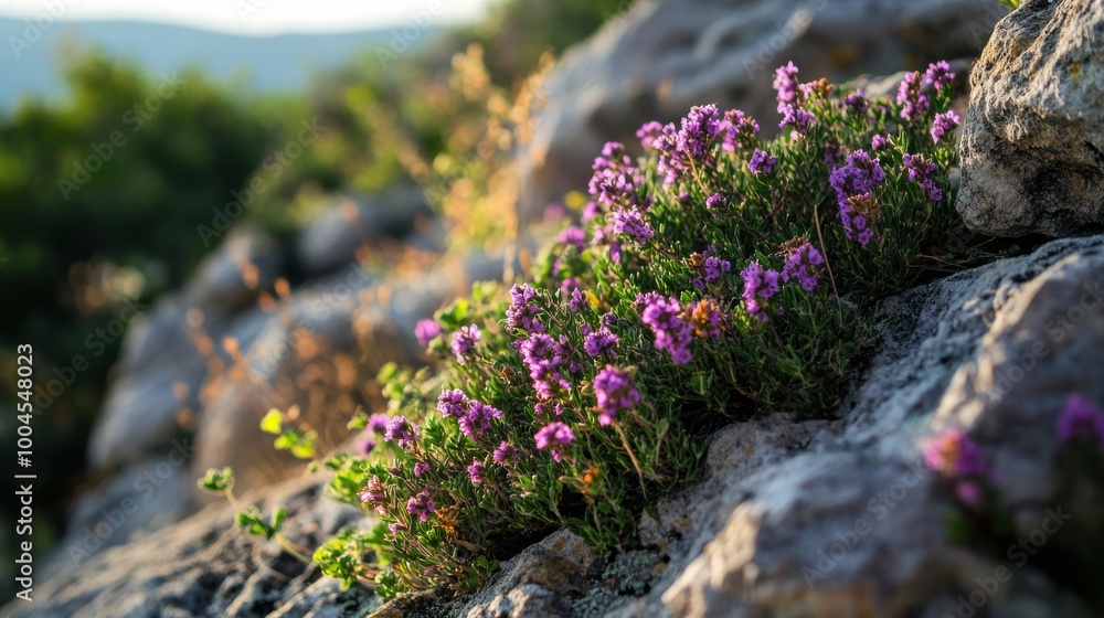 Obraz premium Purple wildflowers blooming among rocky terrain in the mountains during golden hour