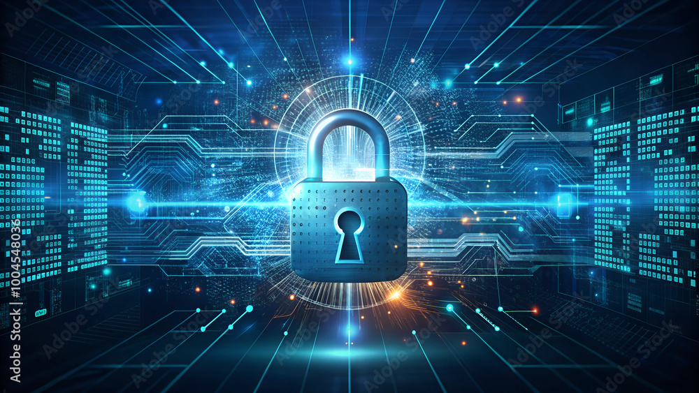 Digital lock symbol in a futuristic technology background with glowing circuits
Digital lock symbol in a futuristic technology background with glowing circuits