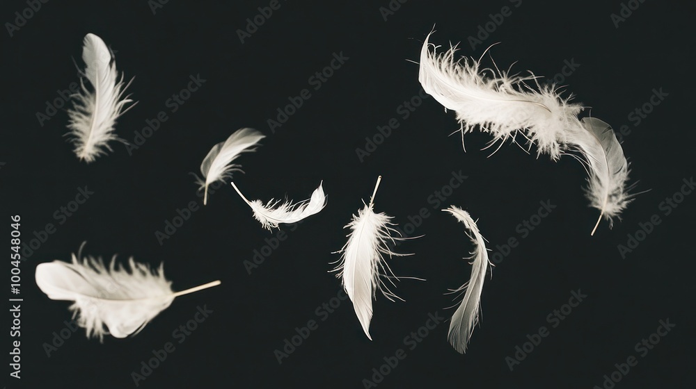 Obraz premium White Feathers Floating on Black Background