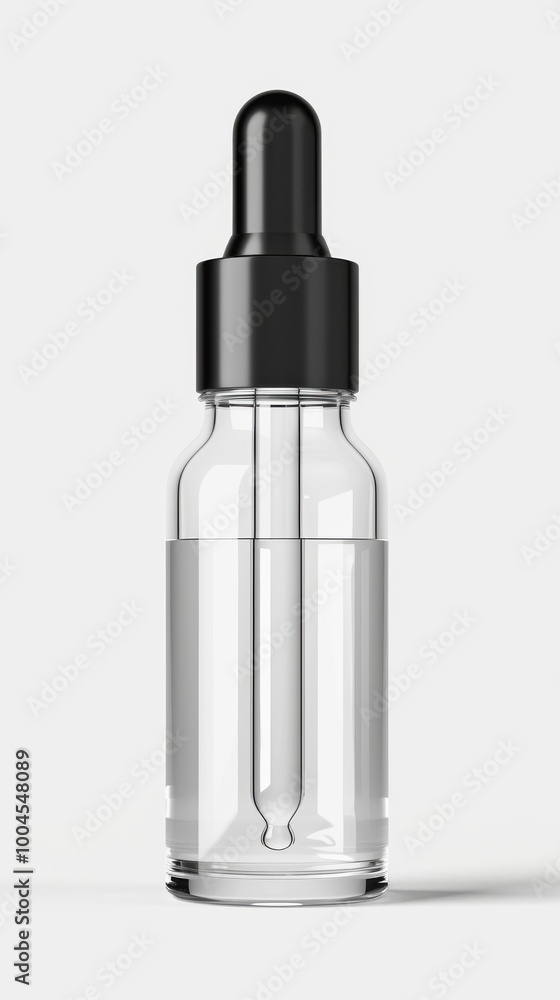 A clear bottle with a black cap and a black dropper A clear bottle with a black cap and a black dropper
