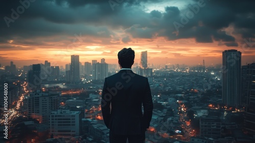 businessman overlooking city horizon preparing for new opportunities and challenges