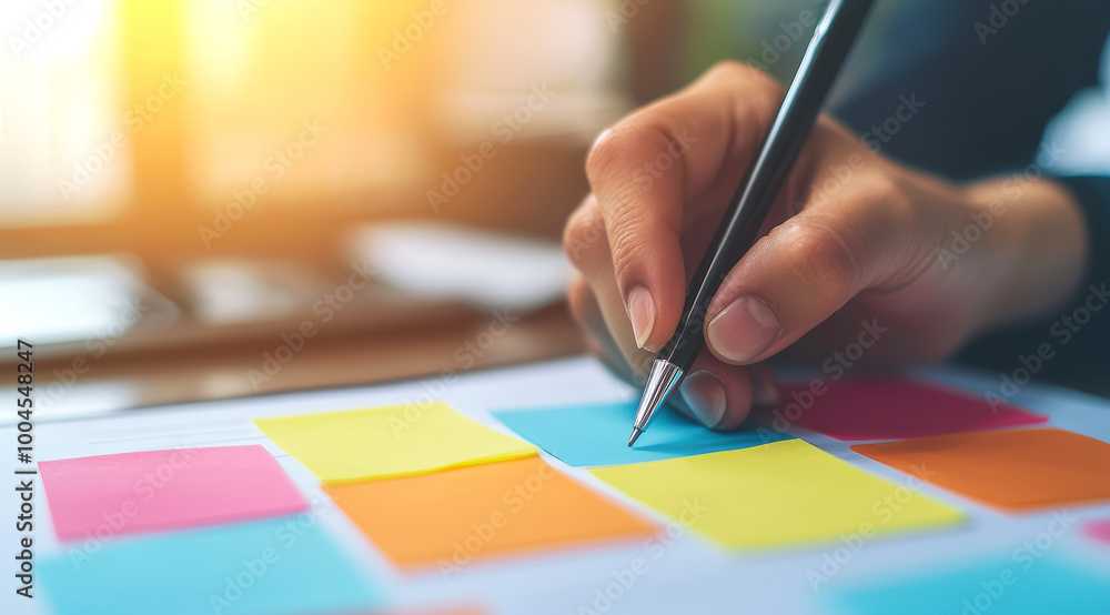 A hand writing down key points on a sticky note during a consulting session, consulting notes, quick business ideas.