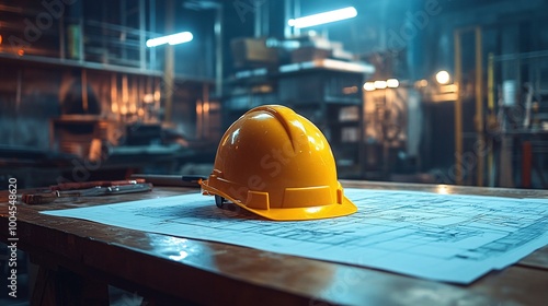 Yellow Construction Hard Hat on Blueprints in Industrial Workshop with Dim Lighting photo