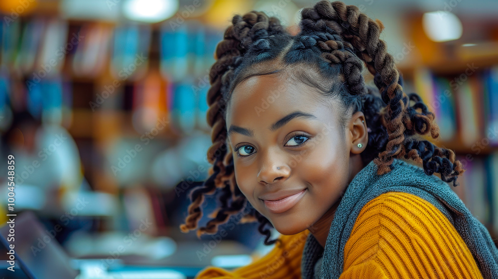 Happy African American Female Student Studying in University Library, Engaged in Learning and Revision for Exams, Promoting Diversity and Ethnic Minority Representation in Higher Education Happy African American Female Student Studying in University Library, Engaged in Learning and Revision for Exams, Promoting Diversity and Ethnic Minority Representation in Higher Education