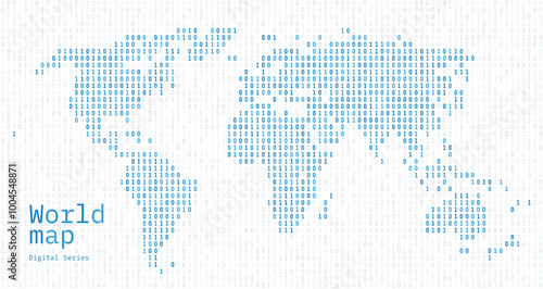 White World Map Shown in Binary Code Pattern. Green Matrix numbers, zero, one.	