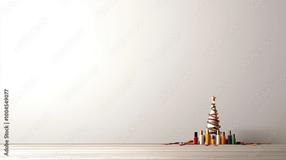 A small Christmas tree crafted from vibrant nail polish stains is the focal point, surrounded by scattered colorful nail polish bottles on a clean white surface A small Christmas tree crafted from vibrant nail polish stains is the focal point, surrounded by scattered colorful nail polish bottles on a clean white surface