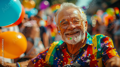 Joyful Senior Man in Wheelchair Celebrating LGBTQ+ Pride Parade in Rainbow Shirt Amidst Colorful Balloons and Festive Crowd on Sunny Day