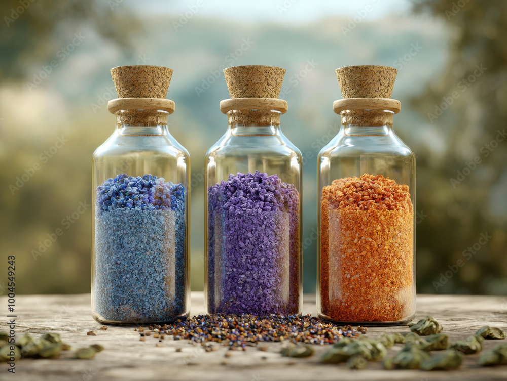 Vibrant colored salts in glass jars create beautiful display, showcasing shades of blue, purple, and orange. natural setting enhances holistic healing theme Vibrant colored salts in glass jars create beautiful display, showcasing shades of blue, purple, and orange. natural setting enhances holistic healing theme