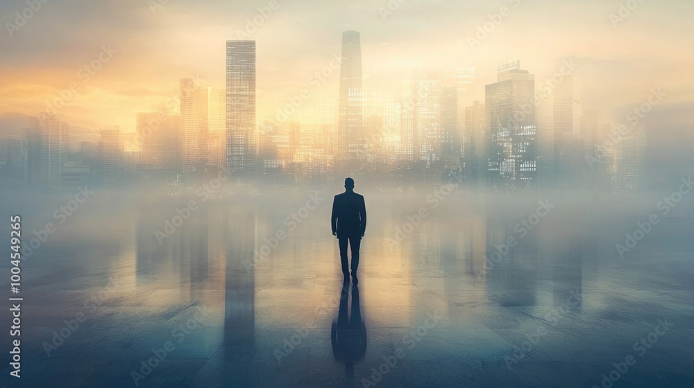 Solitary figure against a misty city skyline at dawn Solitary figure against a misty city skyline at dawn