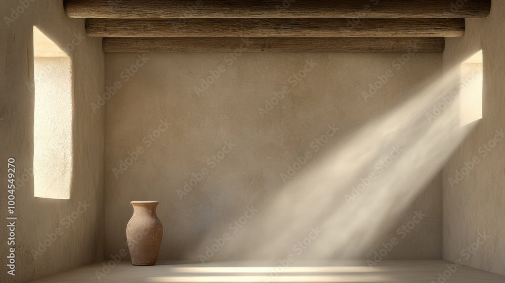 © AIPhoto - serene interior space featuring simple clay vase illuminated by soft sunlight streaming through windows. warm tones and natural materials create calming atmosphere © AIPhoto - serene interior space featuring simple clay vase illuminated by soft sunlight streaming through windows. warm tones and natural materials create calming atmosphere