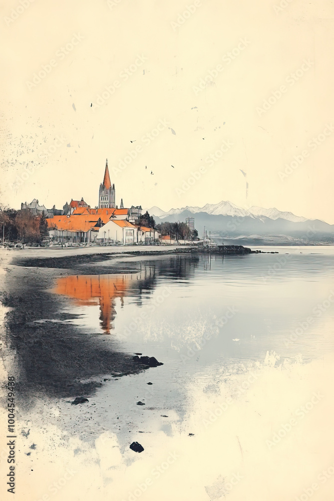 Obraz premium Punta Arenas, Chile, color pen pencil hand-drawn effect drawing illustration for travel poster, card, wallpaper, backdrop or banner. Modern, clear, artistic and simple
