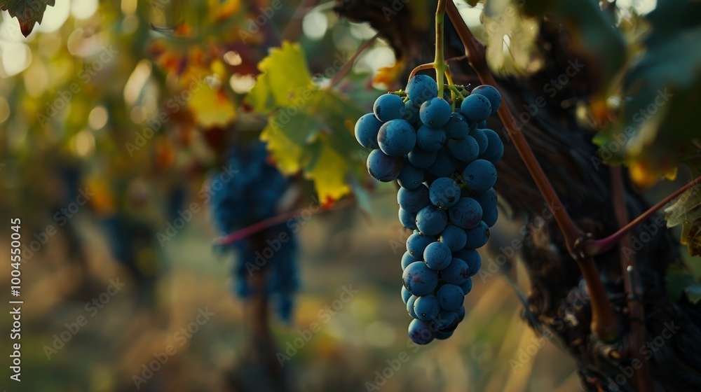 Close-up of a blue grape hanging in a vineyard, wide shot, Close-up of a blue grape hanging in a vineyard, wide shot,