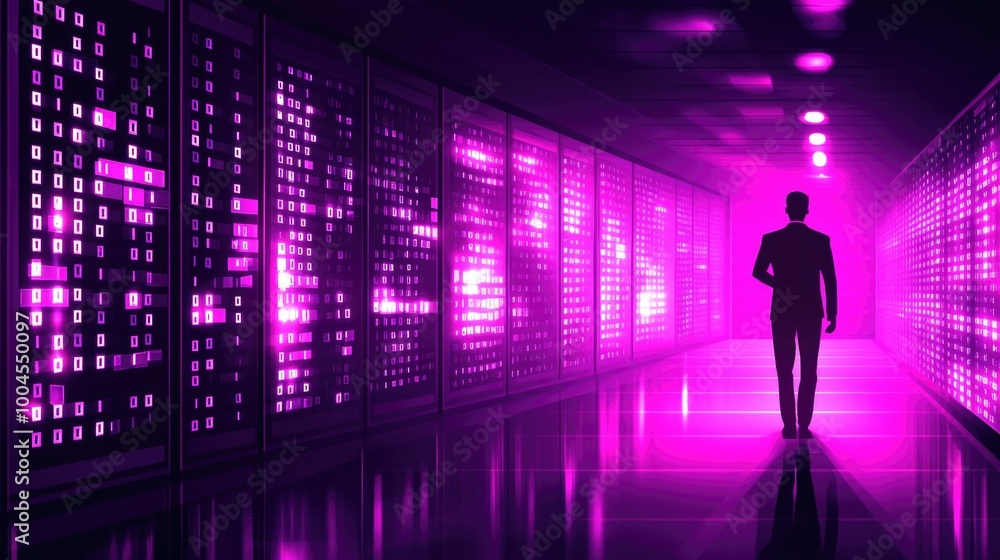 Futuristic silhouette in a neon-lit data center Futuristic silhouette in a neon-lit data center