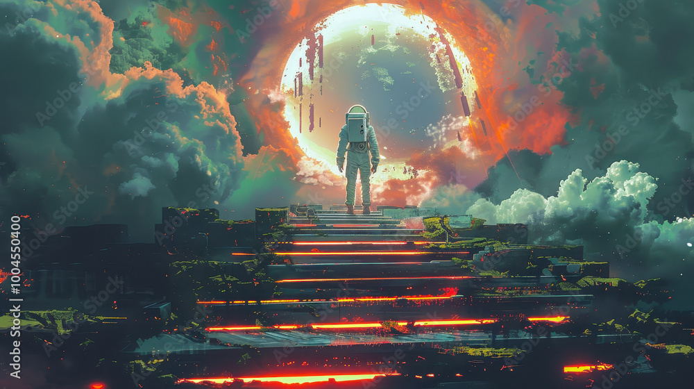 Φωτογραφία Spaceman Ascending Futuristic Stairs Towards Glowing Light Portal in Dramatic Sc