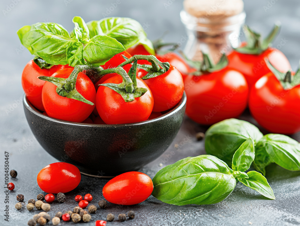 Fresh tomatoes and basil create vibrant, nutrient rich display, perfect for healthy cooking. rich colors and textures evoke sense of freshness and vitality Fresh tomatoes and basil create vibrant, nutrient rich display, perfect for healthy cooking. rich colors and textures evoke sense of freshness and vitality